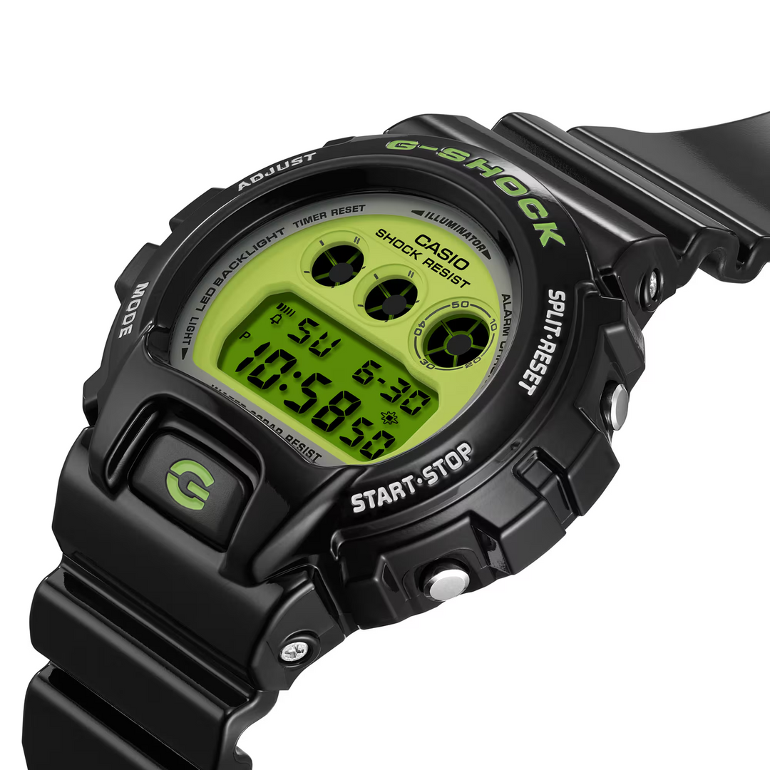 G Shock DW6900RCS 1 Vibrant Lime Green Dial Triple Graph Buy G Shock watches at Safe Jewelers