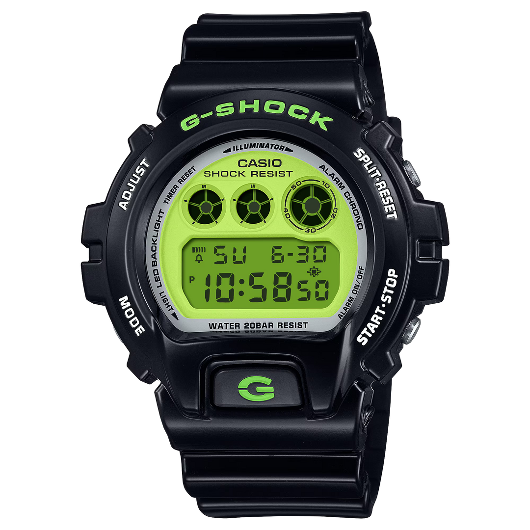 G Shock DW6900RCS 1 Vibrant Lime Green Dial Triple Graph Buy G Shock watches at Safe Jewelers